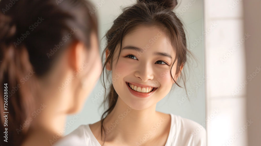 鏡の前で輝く自然な笑顔:健康的で美しい日本人女性 鏡の前で輝く自然な笑顔:健康的で美しい日本人女性