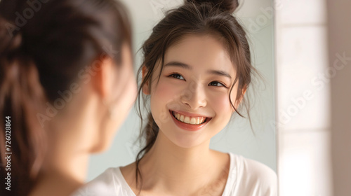 鏡の前で輝く自然な笑顔：健康的で美しい日本人女性 photo