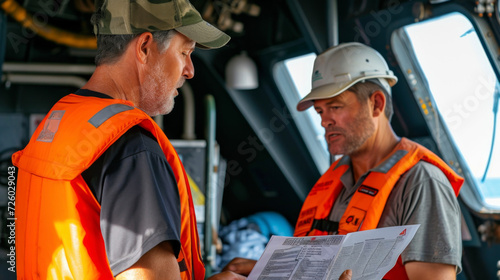 A captain and first mate carefully review and discuss the safety protocols for handling hazardous cargo before setting sail. photo