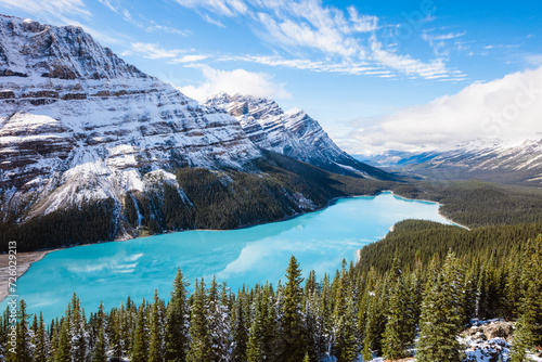 Peyto lake in autumn with snow covered mountains, Banff National Park, Alberta, Canada photo