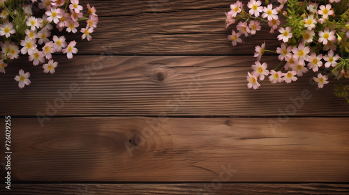 Wooden plank with floral decoration on the edge of the background. Spring background with wood texture, suitable for spring events. © Dentma Art