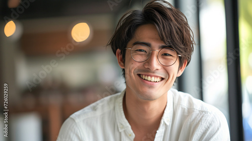 カフェで微笑むメガネをかけた日本人男性 photo