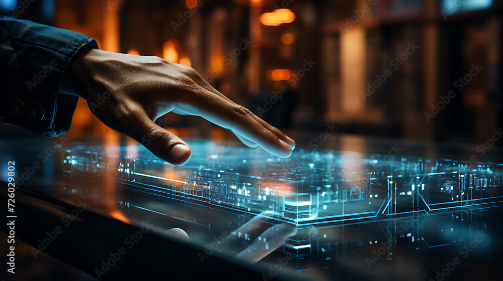 illustration human hand with holographic technology future background design illustration human hand with holographic technology future background design