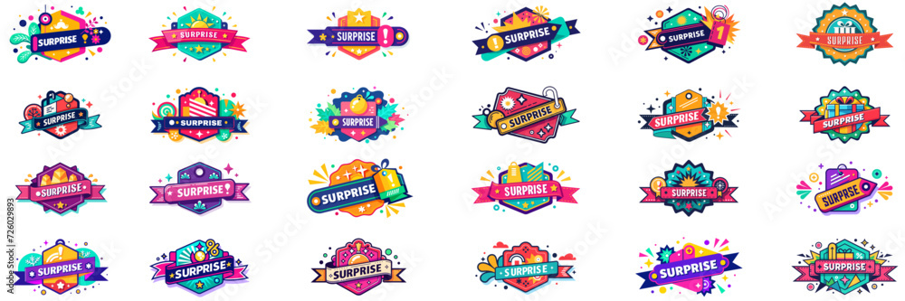 Sticker set with Surprise written on it. Sticker set with Surprise written on it.