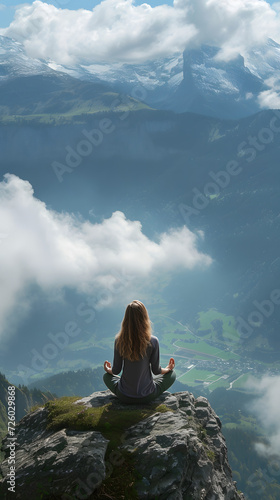 young woman meditating in lotus pose overlooks the mountains with mist