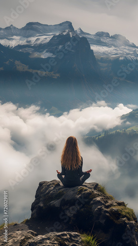 young woman meditating in lotus pose overlooks the mountains with mist