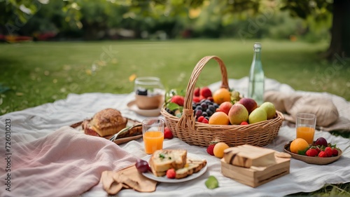 リネンブランケットの上に食べ物、晴れた日に屋外で美しいピクニックランチ。 コピースペースのある背景｜Food on a linen blanket, beautiful picnic lunch outdoors on a sunny day. Background with copy space. Generative AI
