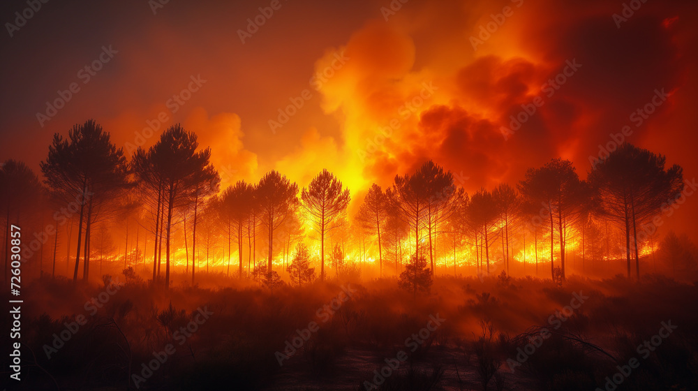 森林火災、炎が森を焼き尽くす様子