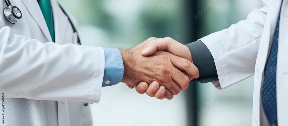 A doctor and businessman shaking hands, symbolizing medicine's government and public support. A doctor and businessman shaking hands, symbolizing medicine's government and public support.