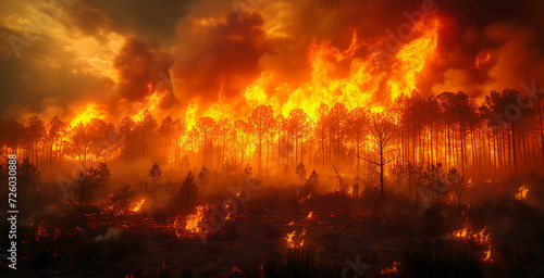 森林火災、炎が森を焼き尽くす様子