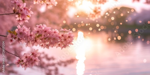 Sunset Cherry Blossoms © BackgroundWorld