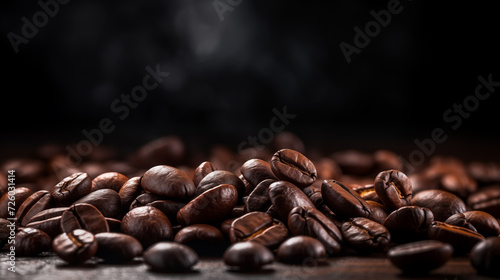 Coffee Beans Closeup On Dark Background, blurred background. Generative AI