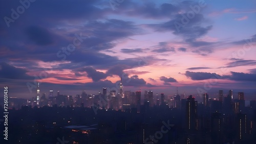 A panoramic view of a city skyline at dusk