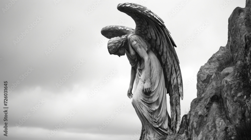 Fototapeta premium A lone angel standing on a mountaintop her head bowed in a moment of reflection and sorrow.