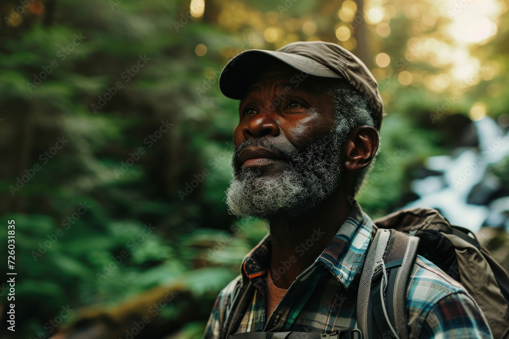 Elderly black man backpack hiking enjoying the beauty of nature in the in the forest autumn woods