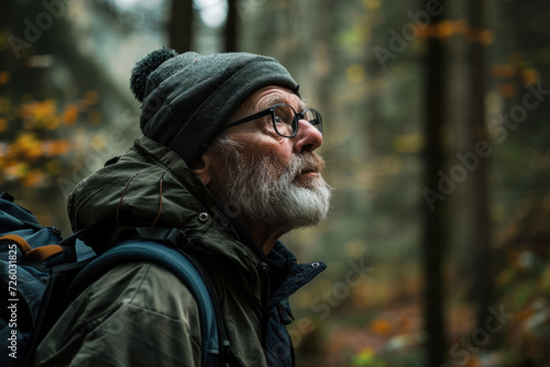 Elderly man backpack hiking enjoying the beauty of nature in the in the forest autumn woods