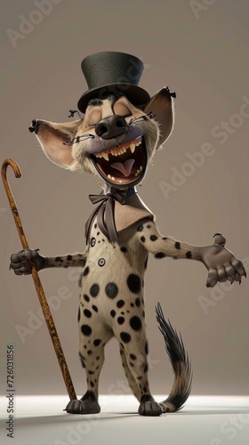 Cartoon digital avatar of a hyena wearing a top hat and holding a cane, showing off its dance moves while laughing boisterously.