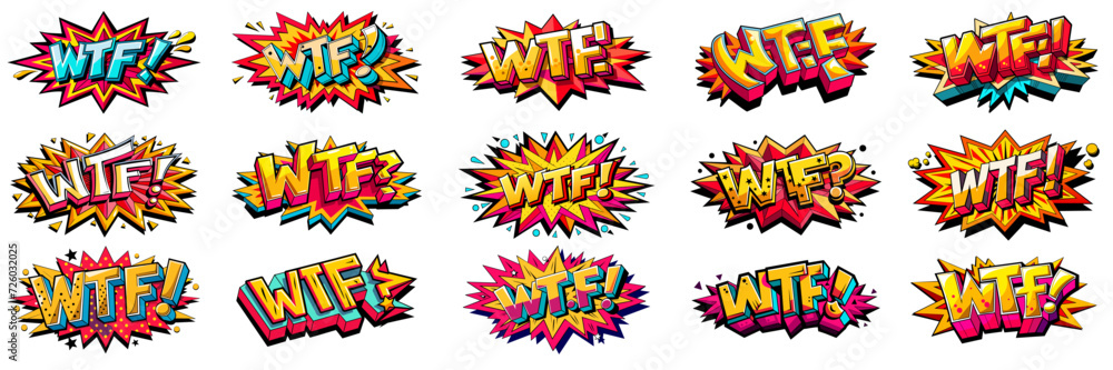 Fototapeta premium Sticker style, Colors editable, 3D WTF text.