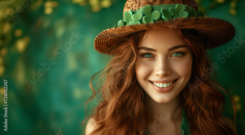 Beautiful smiling leprechaun redhaired girl wearing green lucky hat on green background with shamrock leaves. Young women with beer celebrating St. Patrick's Day. Leprechaun cap. Copy space