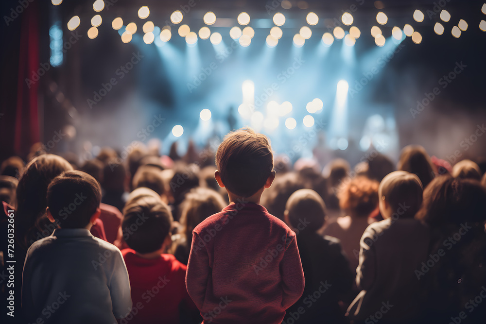 Many children, both boys and girls, stood in front of the concert stage and watched the performance. Back view and overhead view. Spotlight light. Soft focus and blurred background.