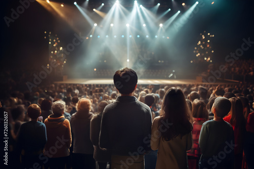 Many children, both boys and girls, stood in front of the concert stage and watched the performance. Back view and overhead view. Spotlight light. Soft focus and blurred background. © chawalit