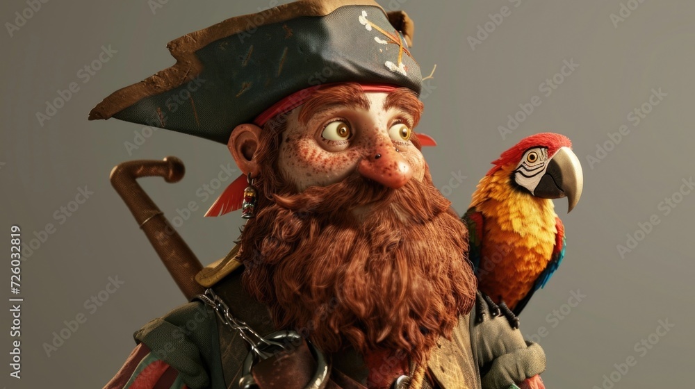 Cartoon digital avatar of Redbeard the Pirate, with a parrot on his shoulder and a hook for a hand.