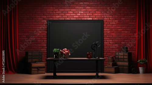 Minimalist mock up black poster, desktop and canvas in vintage interior room, on red brick wall background. Studio shot, for display image photo mock up. Halloween gothic concept