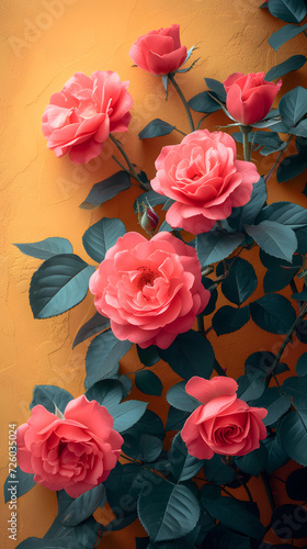 pink roses on yellow background