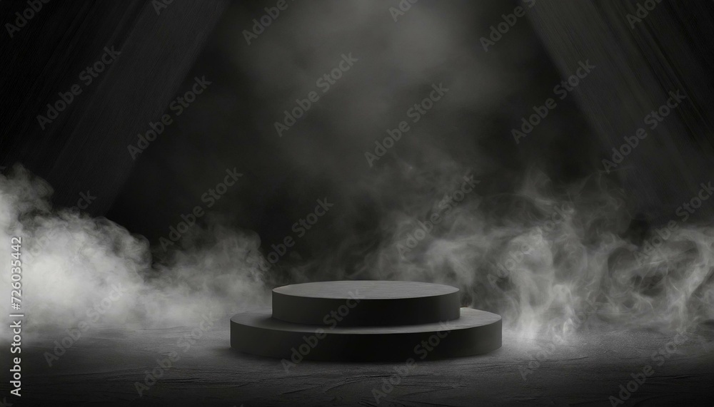 Podium black dark smoke background product platform abstract stage texture fog spotlight. Dark black floor podium dramatic empty night room table concrete wall scene place display studio smoky dust