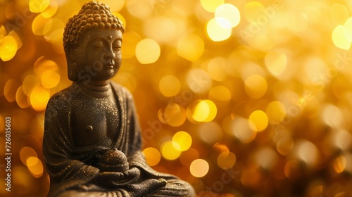 Serene Buddha Statue with Golden Bokeh Background. Generative ai