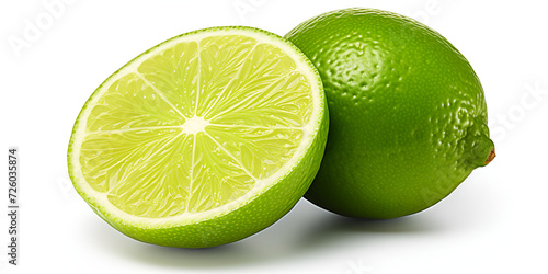 Lime, half and whole juicy fruit with green leaves. photo
