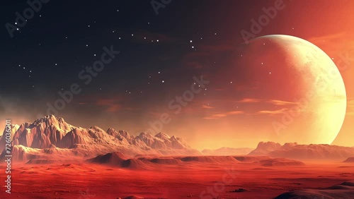 red planet with arid landscape on a rocky hills. space background concept. seamless looping overlay 4k virtual video animation background  photo
