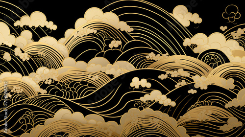 Horizontal Luxury Image of Elegant Gold Pattern on Black Background in Japanese Style