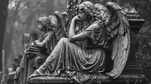 A melancholic angel sits upon a stone bench lost in thought as they gaze up at a towering tombstone adorned with intricate Gothic designs. © Justlight