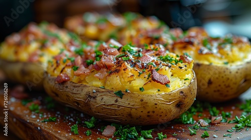 Gourmet roast potatoes in a luxury recipe for a restaurant entrée. Baked potato served with fillings, toppings or condiments, among others.