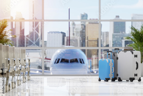 Travel and vacation concept with suitcases in empty airport hall 3d render