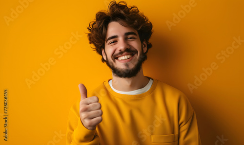 young happy man making thumbs up gesture on yellow background photo