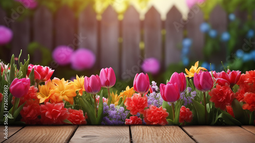Spring flowers in house yard with wooden fence. Suitable for spring theme background. Copy space area background.