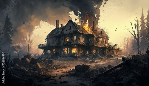 Houses in the village were destroyed and burnt during the war as a result AI Generation