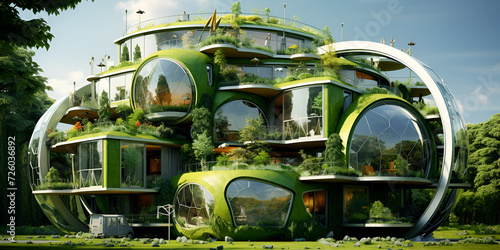 Modern apartment building with green grass on the roof, 3d rendering modern skyscraper with trees and greenery around, city the future.