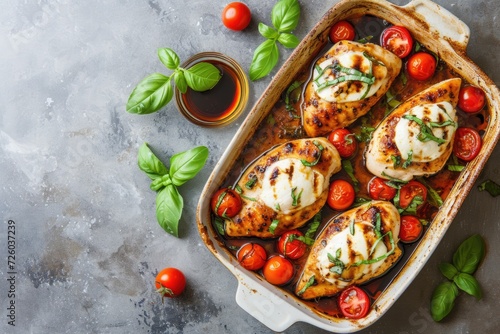 Caprese chicken with cherry tomatoes mozzarella basil and balsamic vinegar on concrete table top down view copy space photo