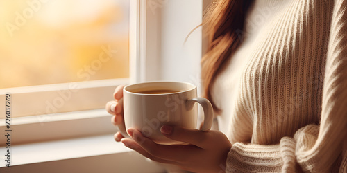 Beautiful model in cozy clothing looking outside the window to a winter scene with a cup of hot coffee.