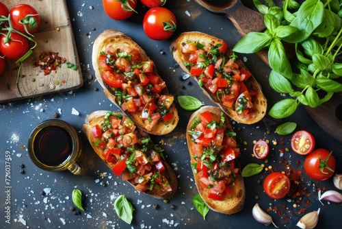 Tasty balsamic bruschettas with toppings on a dark flat table