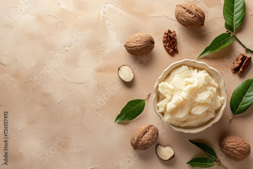 Top view of unprocessed shea butter on a beige background showing nuts and leaves with empty space for copying photo
