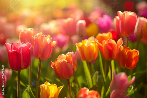 Spring tulips with sunlight. Background with selective focus and copy space