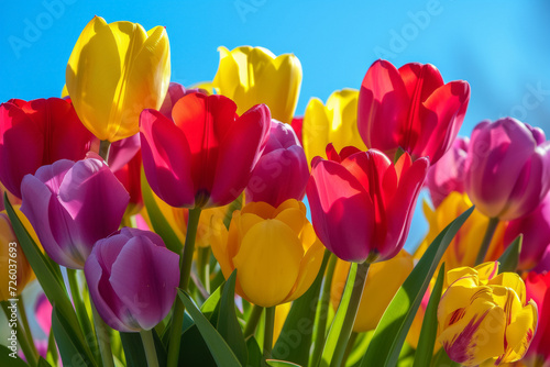 Spring tulips with blue sky. Background with selective focus and copy space