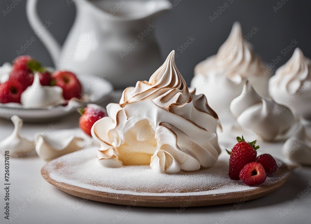 Meringue Pavlova dessert with fresh strawberries and whipped cream.