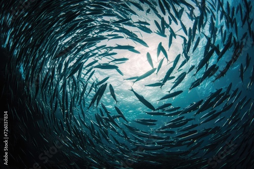 Underwater photo of sardines in a semicircular formation