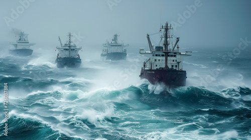 A convoy of oil tankers navigating through rough seas demonstrating the challenging and risky nature of oil and gas shipping.