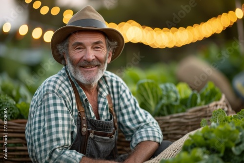 Male farmer with harvest. Background with selective focus and copy space photo